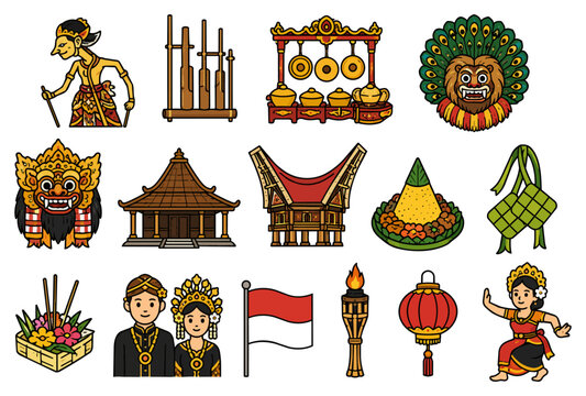 Indonesian cultural icons set. Traditional symbols of Indonesia travel and heritage design.