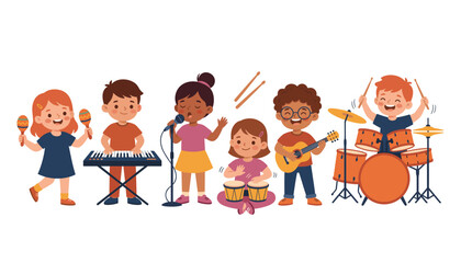 Kids music band vector illustration set. Cartoon children playing instruments, singing microphone, drums, guitar, keyboard and school performance elements.