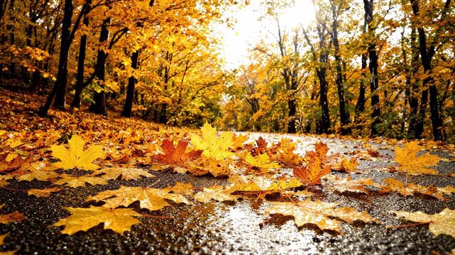Autumn forest path covered in wet fallen golden maple leaves, sunlight filters through trees, gentle rain