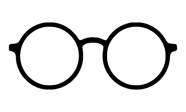 Minimalist silhouette of vintage round wire-rimmed glasses with clean bold outlines isolated on a white background, simple fashion accessory design concept