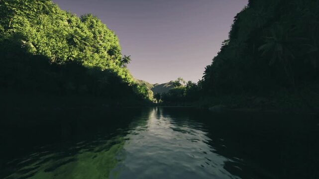 river at dusk framed by dense canopy, glassy water reflecting violet sky tranquil mood, deep green foliage, soft silhouettes of trees, gentle current and moist