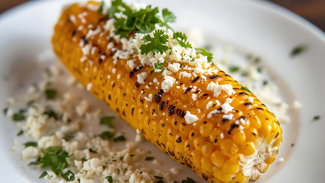 Delicious Grilled Corn on the Cob with Cheese and Cilantro, Close-Up Shot