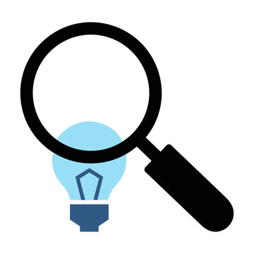 Minimalist flat icon of a magnifying glass angled over a geometric lightbulb on a white background highlighting a creative discovery and innovation concept