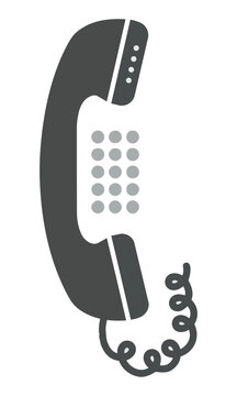A sleek retro corded telephone handset icon in dark charcoal gray and light gray, featuring a minimalist design isolated on a white background. Vintage communication concept