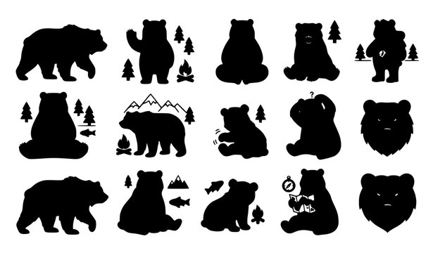 Cute grizzly bear character collection with cartoon forest wildlife animals and editable mascot vector illustrations