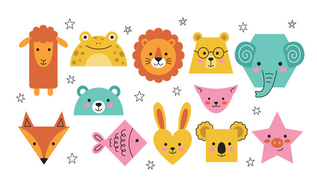 Cute animals vector illustration set featuring geometric lion, elephant, bear, fox, and bunny characters.