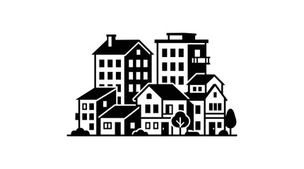 Fototapeta premium Black and white illustration of a small town neighborhood with houses and buildings.