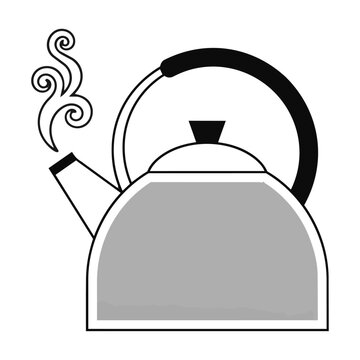Minimalist line art of a whistling tea kettle with rising steam swirls isolated on a white background, kitchenware and home appliance concept