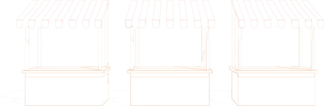 Empty outdoor market food stall kiosk row with striped awnings sketch vector illustration line art collection set