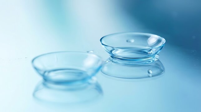 Two clear soft contact lenses for eye vision correction on a blue surface
