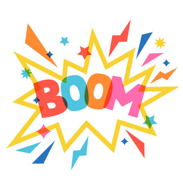Vector boom pop art typography. Colorful shapes, lightning flash speech bubble pop art concept for party, festival event