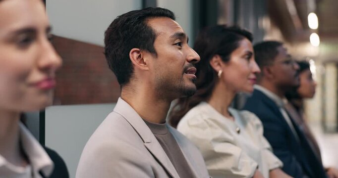 Business, training or man in office with attention, learning or presentation in budget review. Meeting, crowd or finance consultant with insight, target coaching or engagement in corporate literacy.