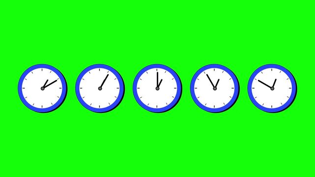 Row of five analog clocks showing varied times on a Bright Green Screen for Easy Chroma Keying and Versatile Project Integration, representing time's flow, measurement, and passage.