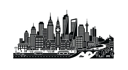 Fototapeta premium Black and white vector illustration of a stylized urban cityscape with iconic buildings.