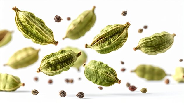 Green cardamom pods and seeds levitating and falling isolated on white background, macro shot
