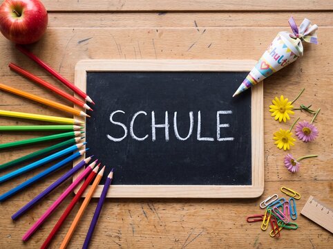 Schult&uuml;te und Tafel mit SCHULE von oben zur Einschulung