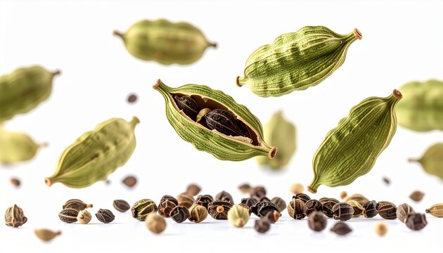 Aromatic Green Cardamom Pods and Seeds Floating in Air Isolated on White Background