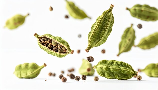 Whole green cardamom pods with opened pod revealing seeds floating on white background isolated spice macro