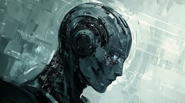 Detailed portrait of a futuristic cyborg head with intricate mechanical details, showcasing advanced technology and artificial intelligence concepts