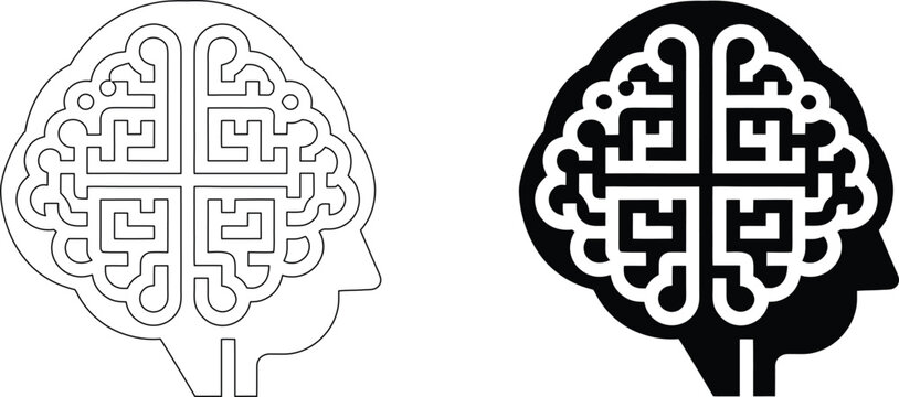 Artificial intelligence brain concept icon showing maze patterns inside human head silhouette on transparent background.