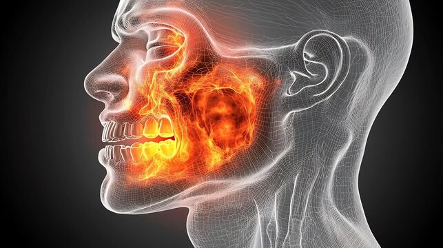 Digital Wireframe Profile of Human Head with Glowing Red Inflammation in the Jaw and Cheek Area for Medical Diagnosis