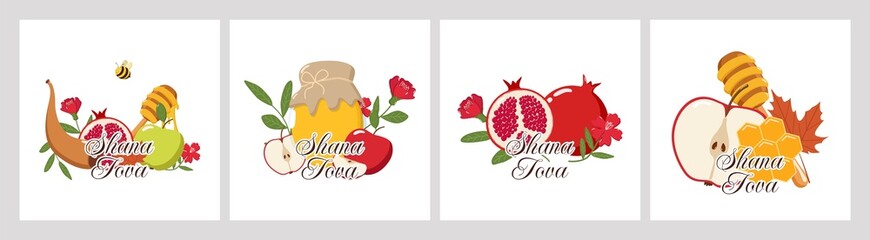 our Shana Tova panels with apples, honey, pomegranates, shofar, flowers, and autumn leaf, festive designs symbolizing Jewish New Year greetings and blessings © Lipitorika