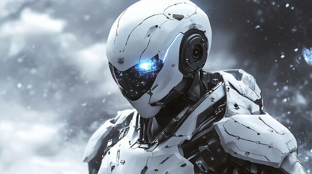 futuristic white robot head portrait with glowing blue eye, detailed sci-fi cyborg concept art, digital painting, futuristic technology