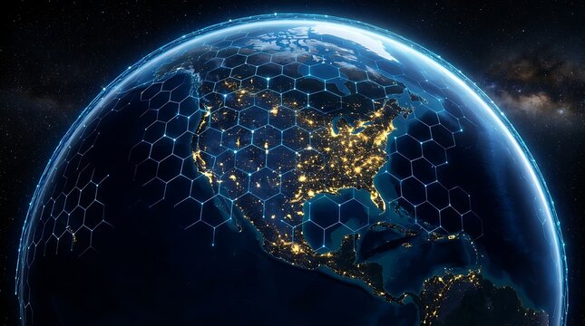 United states map at night with glowing digital hexagon network grid from space