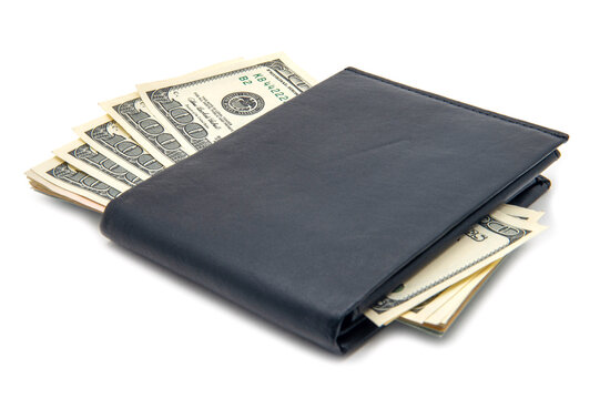 Purse with money on white background