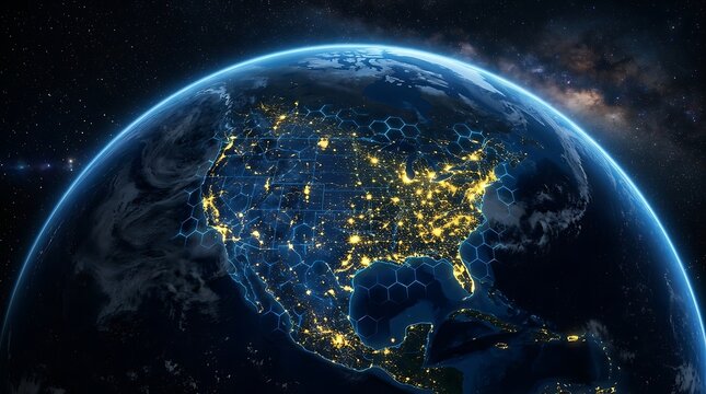 Earth at night showing bright city lights across the united states of america