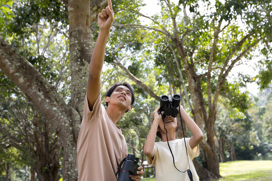 Teenage Boy Pointing While Bird Watching with Younger Sister in Nature