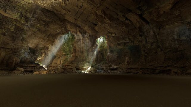 Wide sunlit cavern horizon with beams and open floor at Waitomo Glowworm Caves, expansive composition showcasing openings, layered textures, distant light