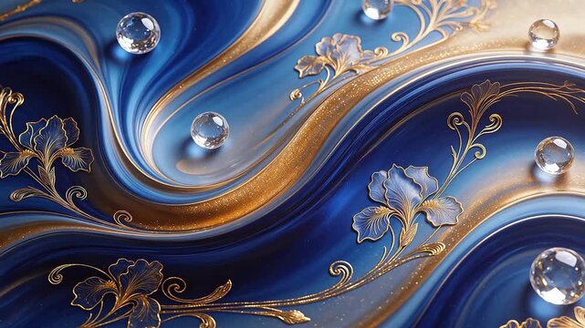 Blue and gold floral pattern with glass beads