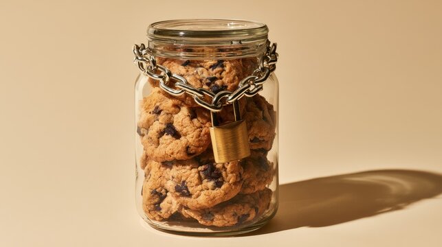 Chocolate chip cookies in a glass jar, secured with a padlock and chain