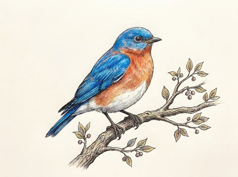 Beautiful bluebird perched on a tree branch drawing in a colorful artistic sketch style with fine ink lines and soft shading