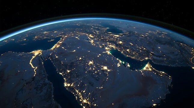 Earth at night view showing city lights from space over the middle east region