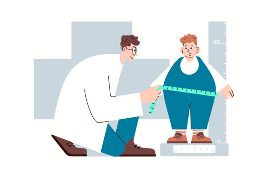 Doctor Examining Overweight Child with Waist, Height and Weight Measurements in Clinic