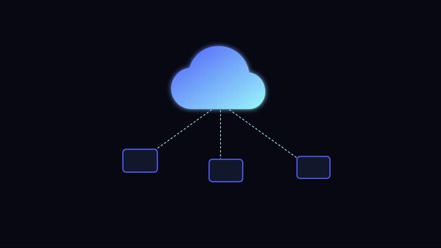 Cloud computing network architecture diagram with data syncing nodes and digital connectivity concept animation 4k