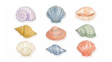 Watercolor seashell collection, a set of nine hand-drawn marine mollusk shells, diverse ocean conch and bivalve designs, perfect for summer beach themes and nautical decor vector art. © noor