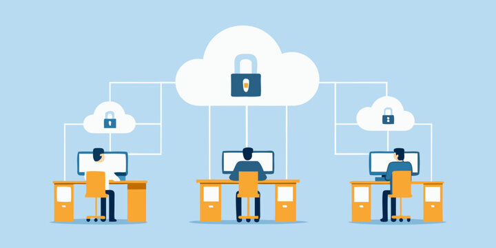 three remote workers at desks flat vector illustration computers clouds locks blue background security connectivity teamwork collaboration office workplace technology communication networking digital