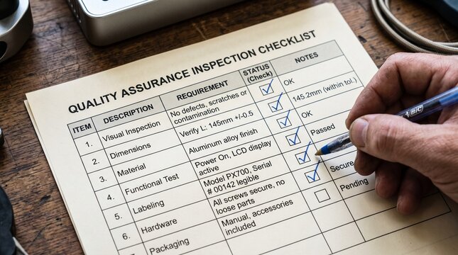 Close-up of a checklist (Quality Checklist) with checkmarks.