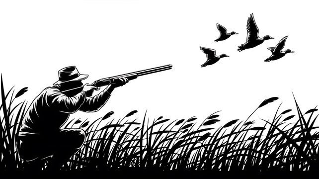 Hunter kneels in the reeds while aiming his shotgun at a small flock of flying wild ducks.