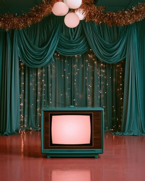 Vintage television set illuminated by a warm glow on a reflective floor