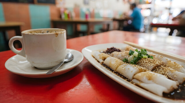 Still life of hot Ipoh white coffee and soy sauce steamed cheung fun (rice noodle rolls) on red table against kopitiam at morning time. Chinese Malaysian dish, breakfast, and kopitiam dish ideas