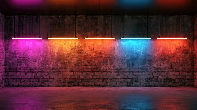 Stark concrete room with vibrant colored overhead neon tube lights