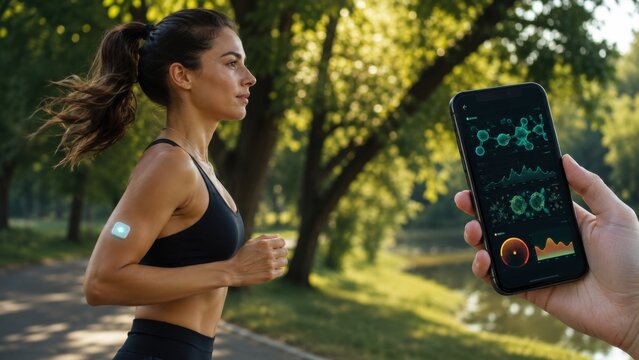 Woman jogging with wearable biosensor and health app data