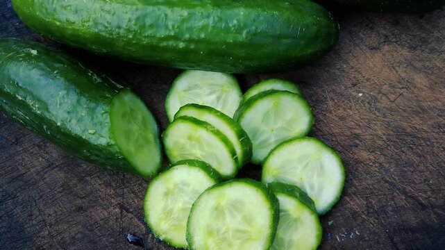 Fresh organic green cucumbers whole and sliced on rustic wooden cutting board close-up