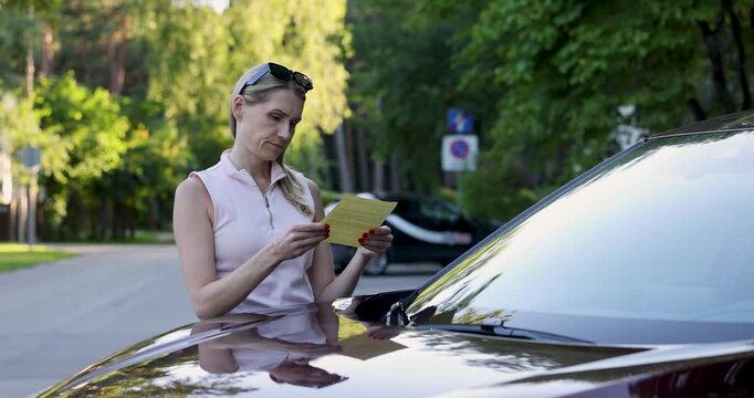 Woman receiving parking fine ticket on car windshield on the street