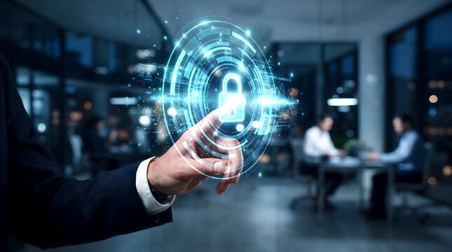 Professional businessman interacting with digital cybersecurity interface with businessman touching glowing
