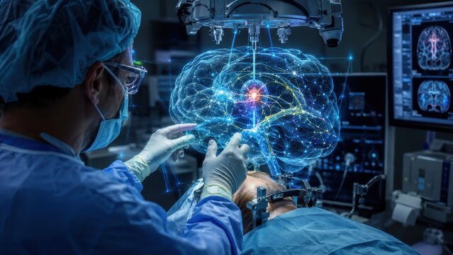 Surgeon using holographic 3D brain interface in operating room